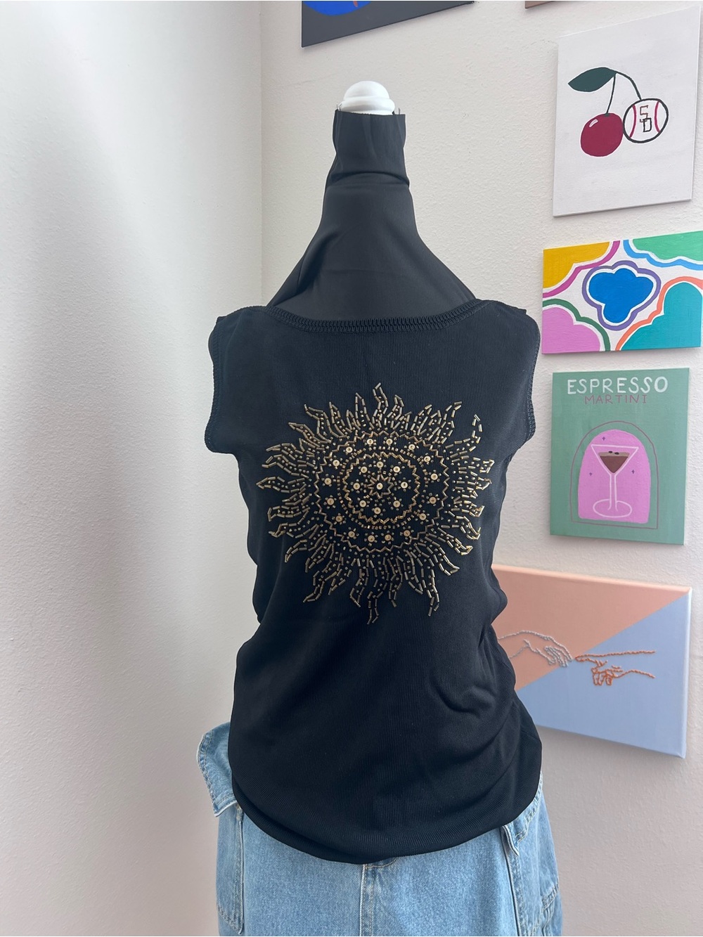 Y2K Sweaterworks Black Beaded Sunburst Tank Top – Boat Neck – Size M